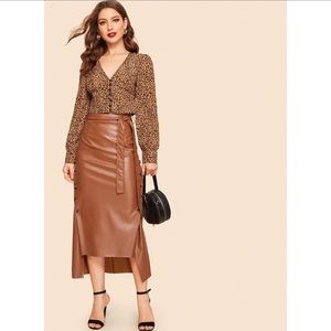 60s Double Button Asymmetrical Hem Belted Leather Look Skirt
